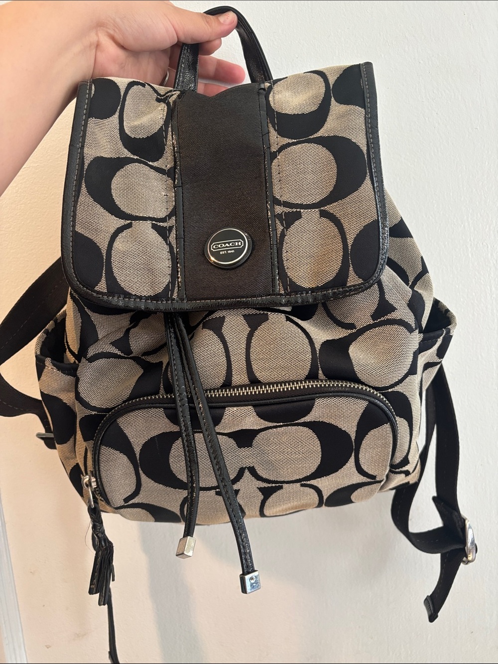 Coach Black and Beige Signature Drawstring Backpack
